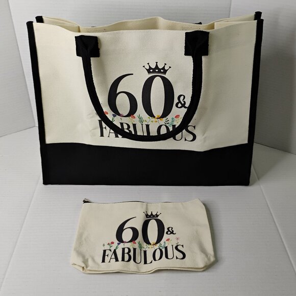 60 & Fabulous Canvas Tote Bag with Zipper Pouch & Ribbon – Black & Cream- NEW - Picture 2 of 16